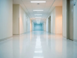Leerer Krankenhausflur mit glänzendem weißen Boden, der Neonlichter reflektiert, sterile Wände in kühlem Weiß und Grau.