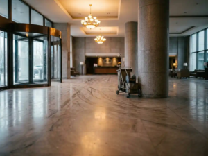 Weitläufige Hotellobby mit Marmorböden, Schmutzstreifen und abgestelltem Reinigungswagen neben einer Säule.