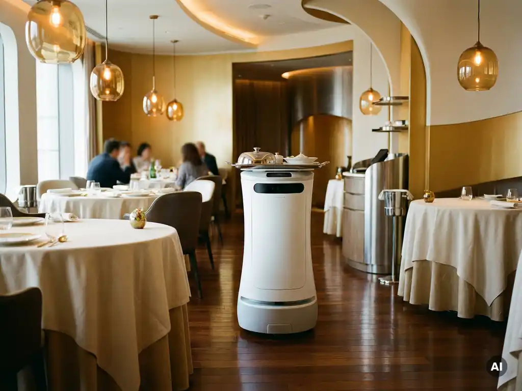 Weißer Serviceroboter trägt Tablett mit Speisen durch ein modernes Restaurant mit Pendelleuchten und Holzböden.