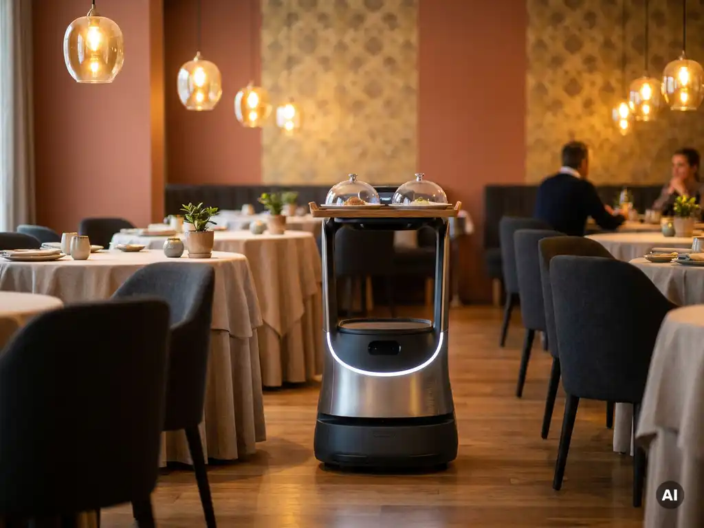 Serviceroboter trägt Tablett durch modernes Restaurant mit Holzboden, gedeckten Tischen und warmem Ambiente.