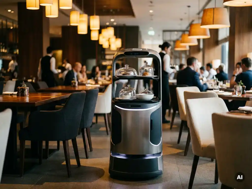 Serviceroboter trägt beladene Tabletts durch ein modern eingerichtetes Restaurant mit Holztischen und warmem Pendelleuchten.