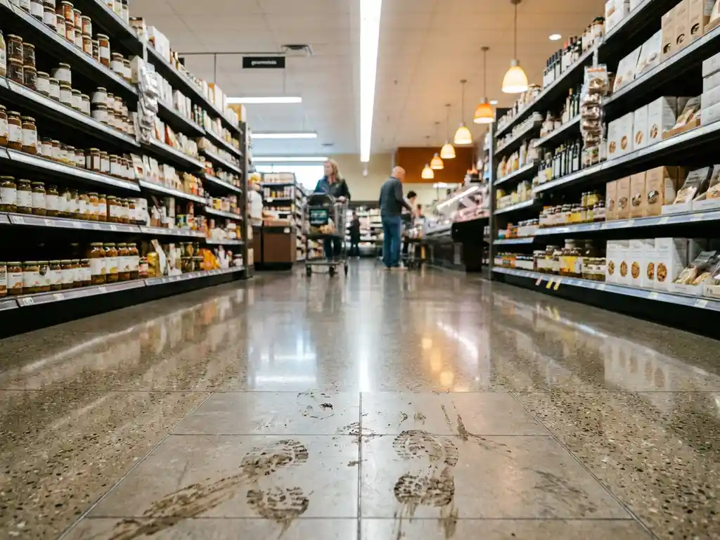 Supermarktgang mit glänzend polierten Böden, ein matter, verschmutzter Flecken mit Fußabdrücken hebt sich von den sauberen Fliesen ab.