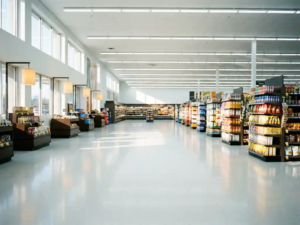 Leerer Supermarktgang mit poliertem weißem Linoleum unter heller LED-Beleuchtung, Regale im Hintergrund.