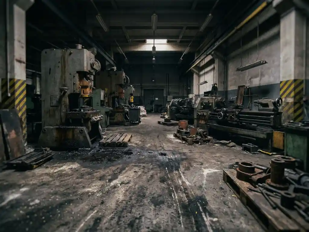 Vernachlässigte Industriehalle mit schmutzigem Betonboden, Staubablagerungen und öligen Rückständen an schweren Maschinenbasen im Dämmerlicht.